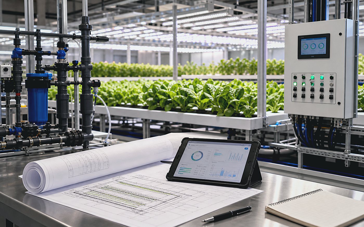 Controlled agriculture service planning with irrigation, control systems, and indoor crops